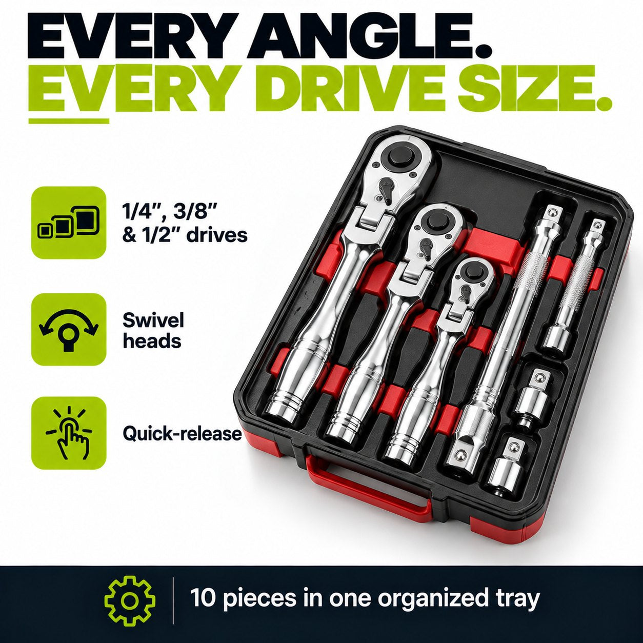 TechCar FlexHead Ratchet Set, 10 Pieces