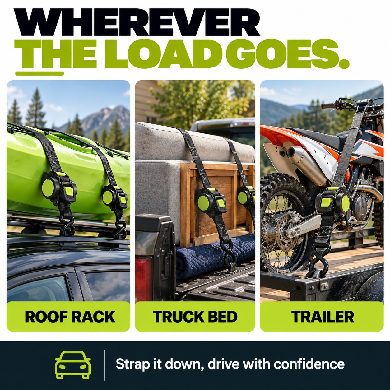 TechCar LockDown Retractable Ratchet Straps, 1" x 11 ft