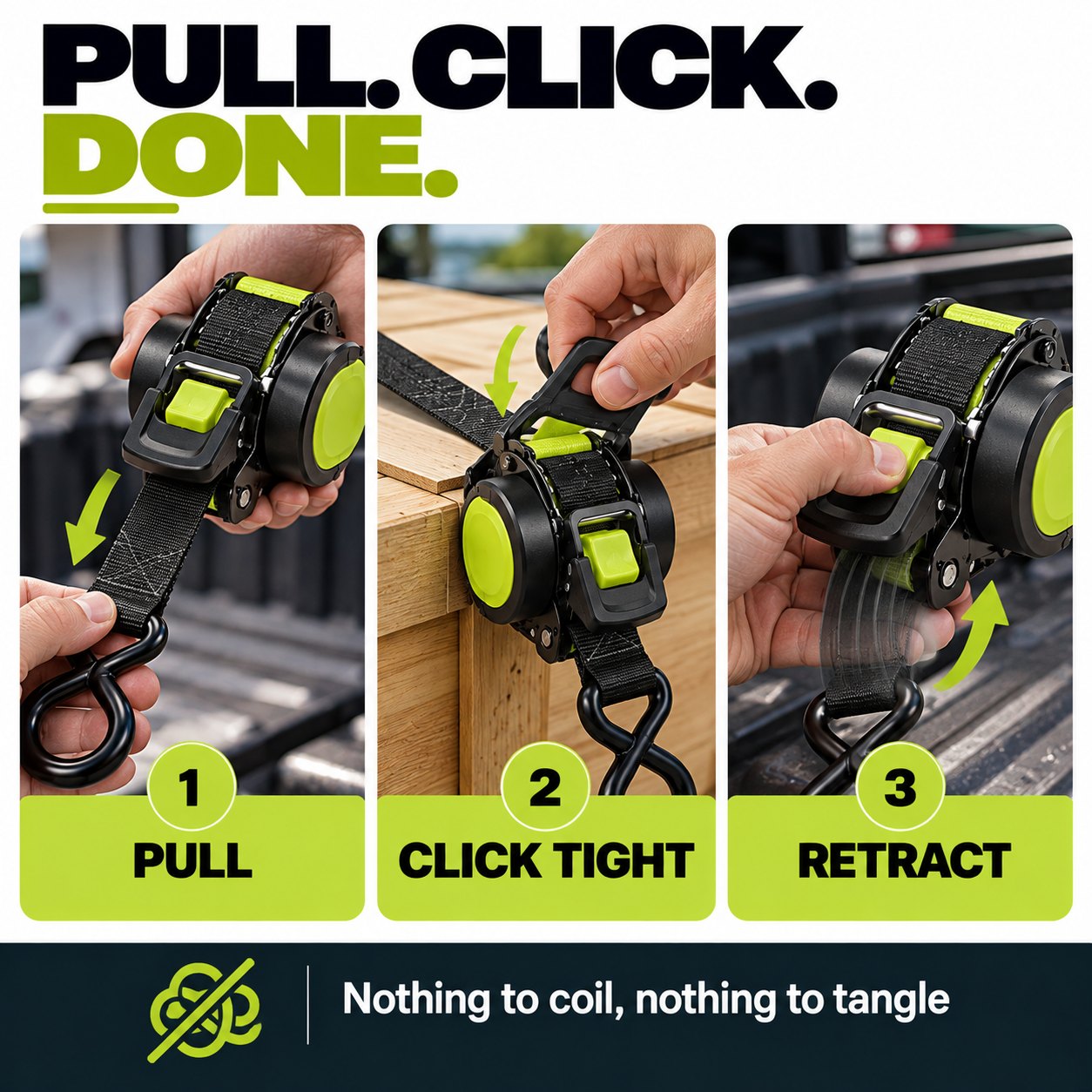 TechCar LockDown Retractable Ratchet Straps, 1" x 11 ft