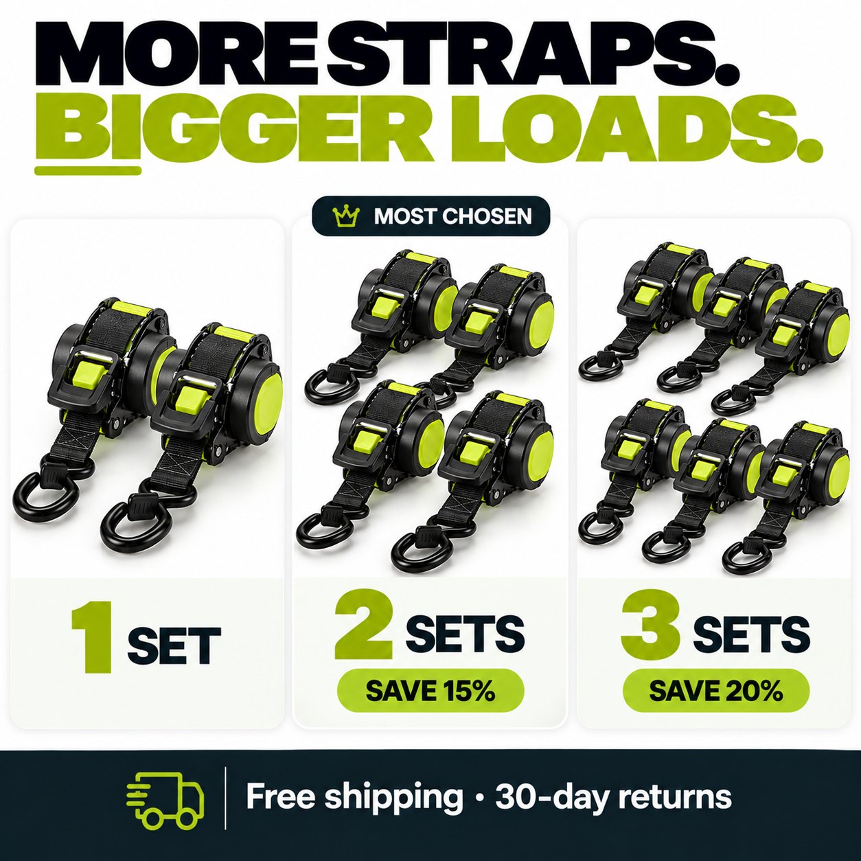 TechCar LockDown Retractable Ratchet Straps, 1" x 11 ft